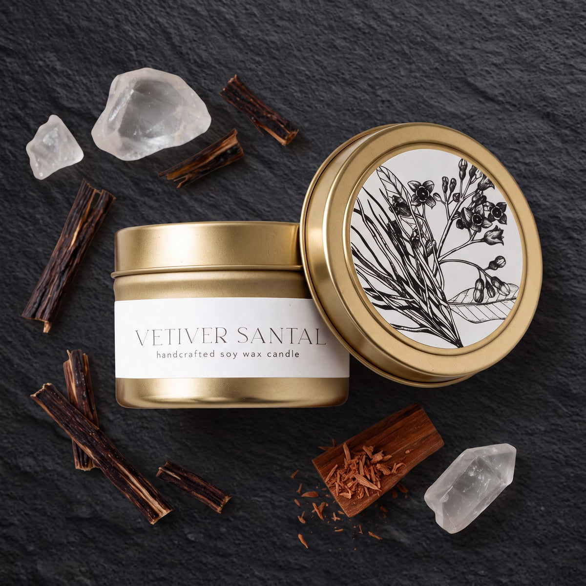 Vetiver Santal Tin Soy Candle | Summer Garden Collection