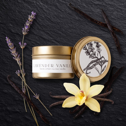 Lavender Vanilla Tin Soy Candle : calm relax best seller